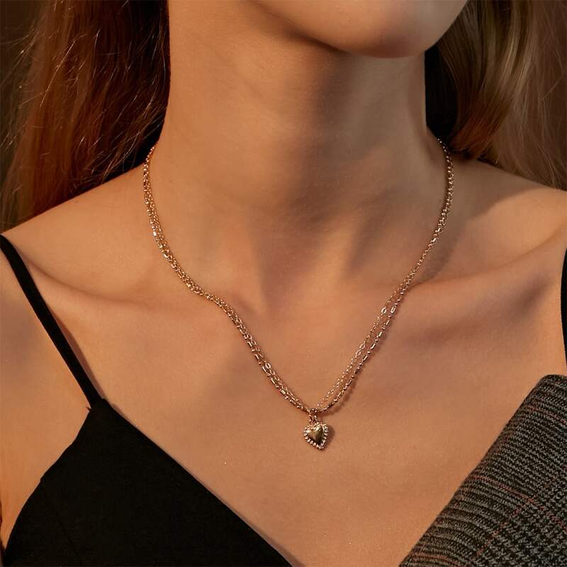 

Double Layer Heart Charm Necklace, Gold