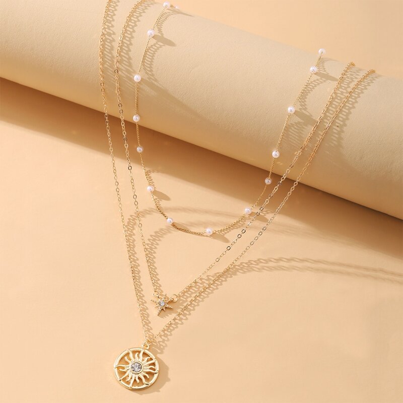 

3pcs Sun & Star Charm Necklace, Gold