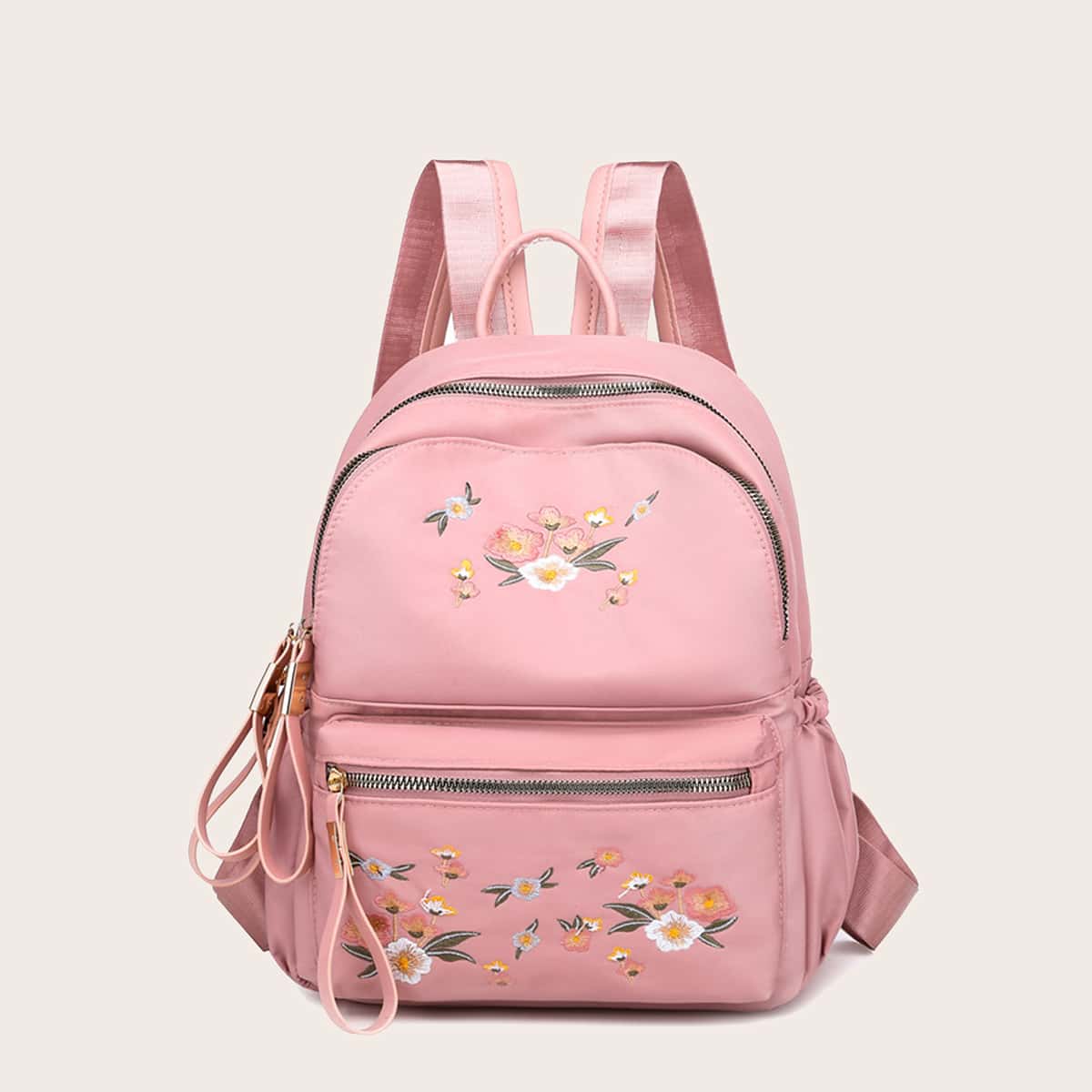 

Flower Embroidered Backpack, Pink