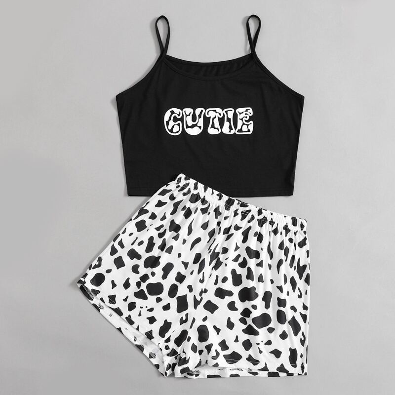 

Letter & Cow Print Shorts PJ Set, Black