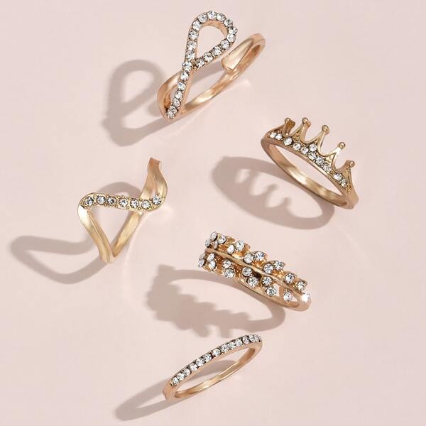 

5pcs Rhinestone Decor Ring, Gold