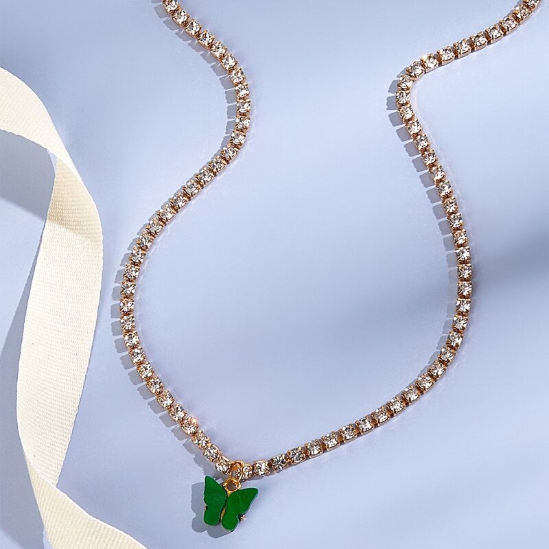 

Rhinestone Butterfly Charm Necklace, Green