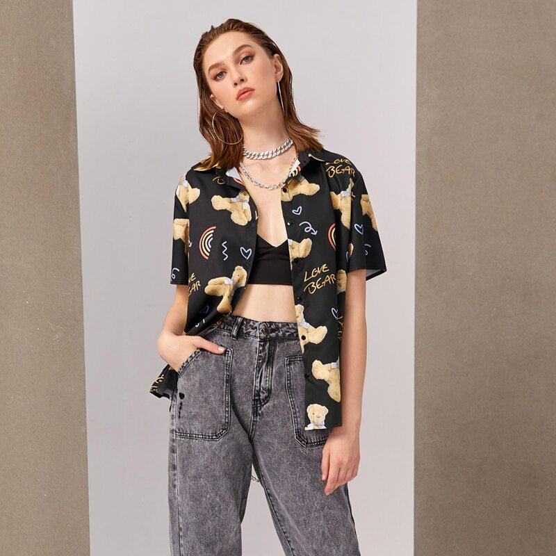 

Cartoon Bear Print Boyfriend Shirt, Black