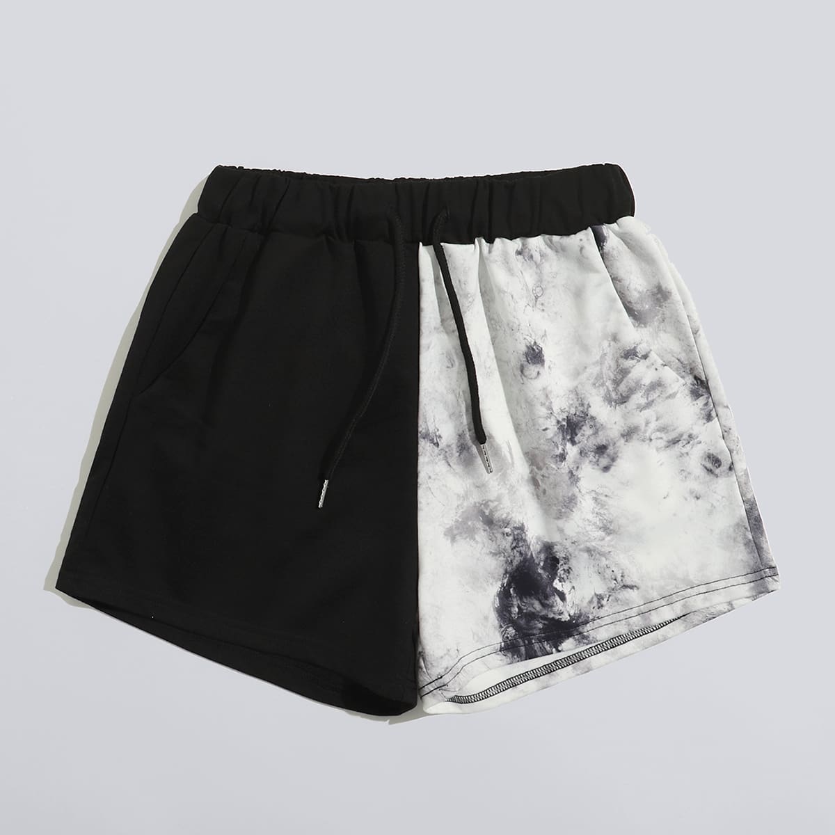 

Tie Dye Drawstring Shorts, Black and white