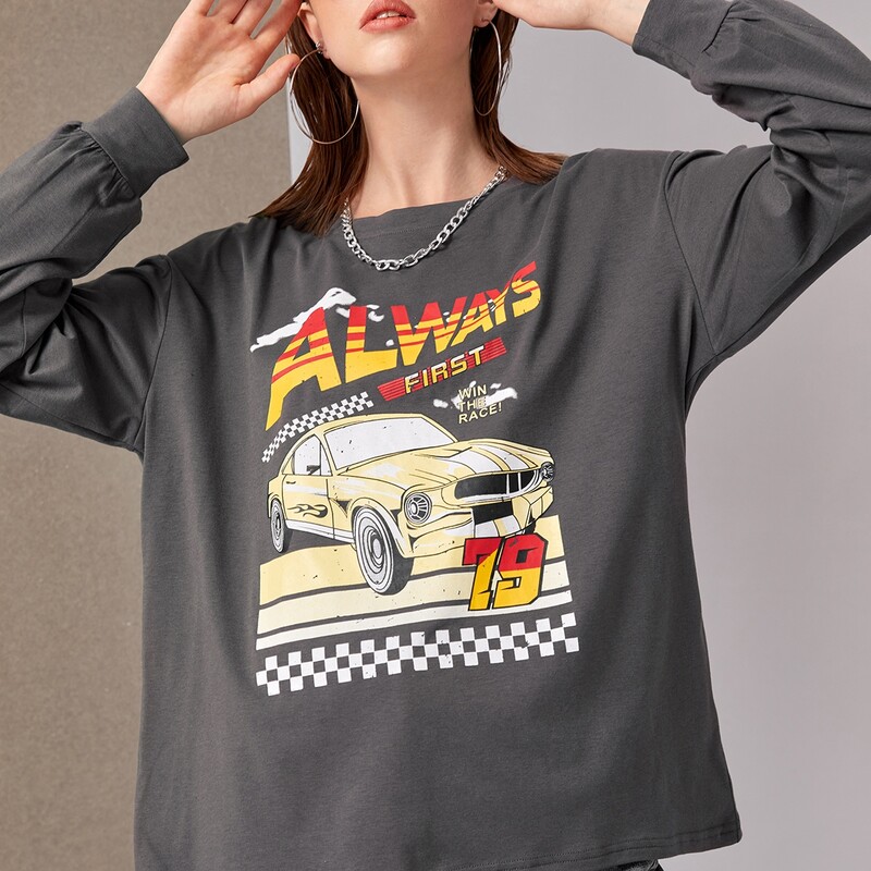 

Car & Letter Graphic Tee, Dark grey