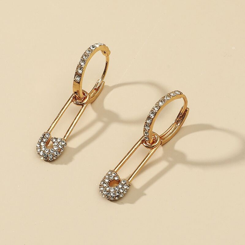 

Rhinestone Safety Pin Drop Earrings, Gold