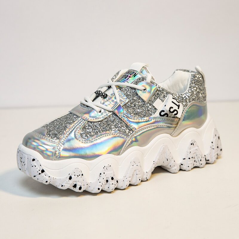 

Holographic Glitter Chunky Trainers, Silver