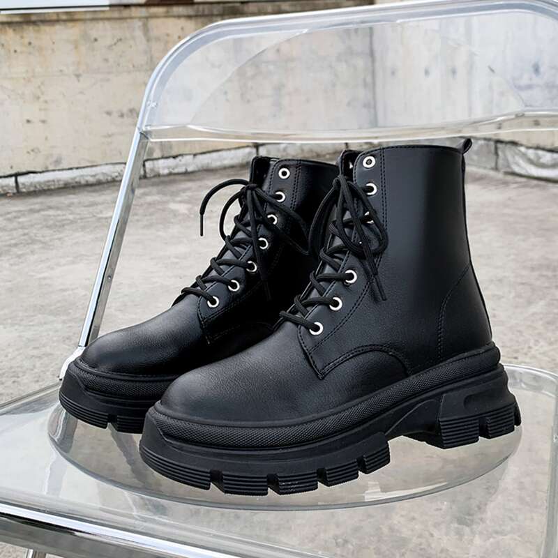 

Lace-up Platform Combat Boots, Black