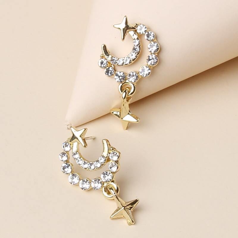 

Rhinestone Moon & Star Drop Earrings, Gold