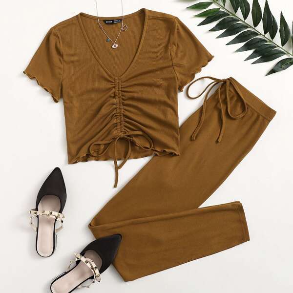 

Drawstring Front Lettuce Edge Tee and Leggings Set, Mocha brown