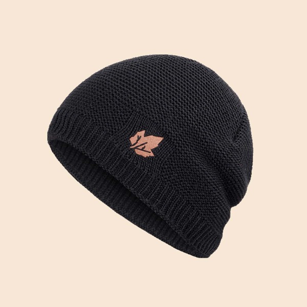 

Men Leaf Patched Knit Beanie, Black