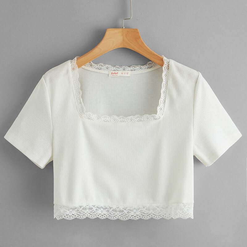 

Solid Contrast Lace Crop Tee, White