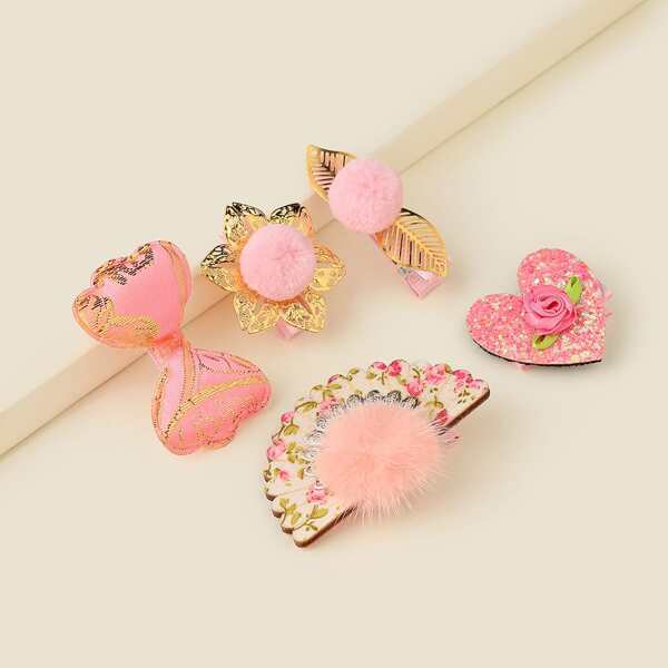 

5pcs Toddler Girls Heart Decor Hair Clip, Pink