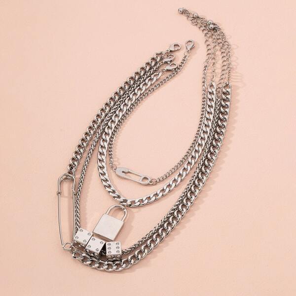 

4pcs Lock Pendant Necklace, Silver