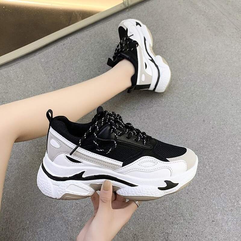 

Lace Up Chunky Trainers, Black and white