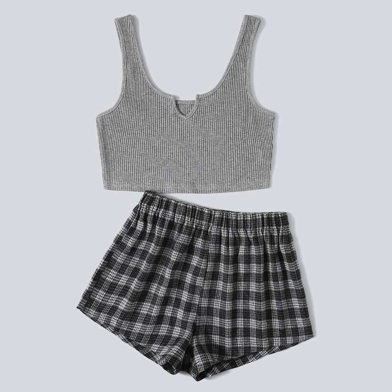 

Ribbed Tank Top & Gingham Shorts PJ Set, Grey