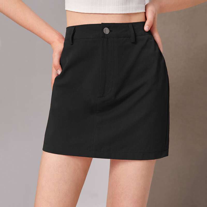 

Solid Button Fly Skirt, Black