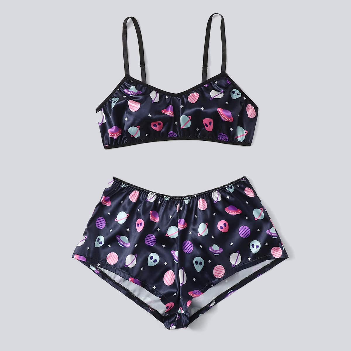 

Alien Print Crop Cami Satin PJ Set, Multicolor