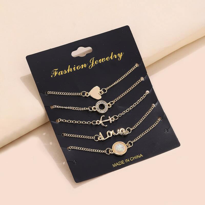 

5pcs Rhinestone Ring & Heart Bracelet, Gold