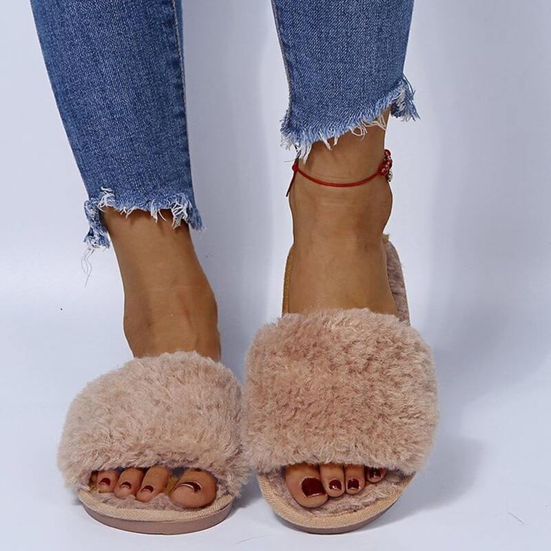 

Solid Open Toe Fluffy Slippers, Khaki