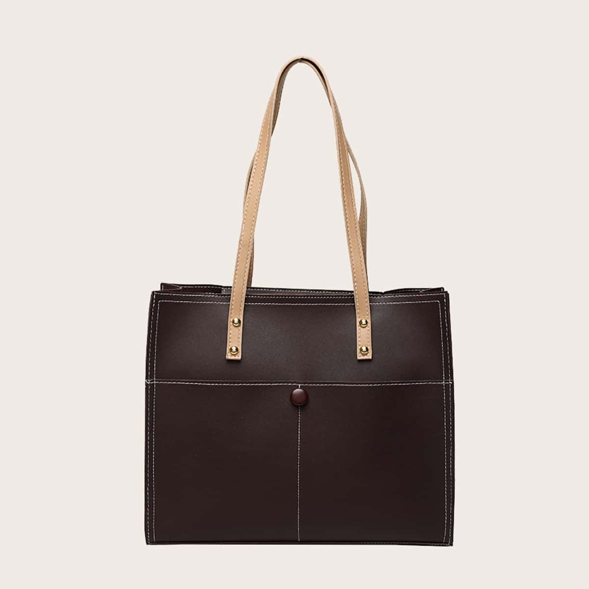 

Simple Colorblock Handle Tote Bag, Coffee brown