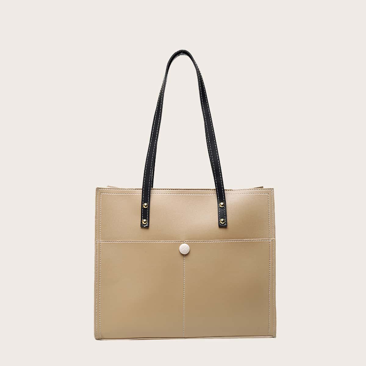 

Simple Colorblock Handle Tote Bag, Khaki