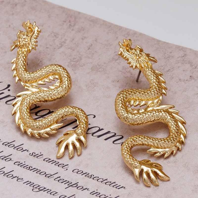 

Chinese Dragon Drop Earrings, Gold