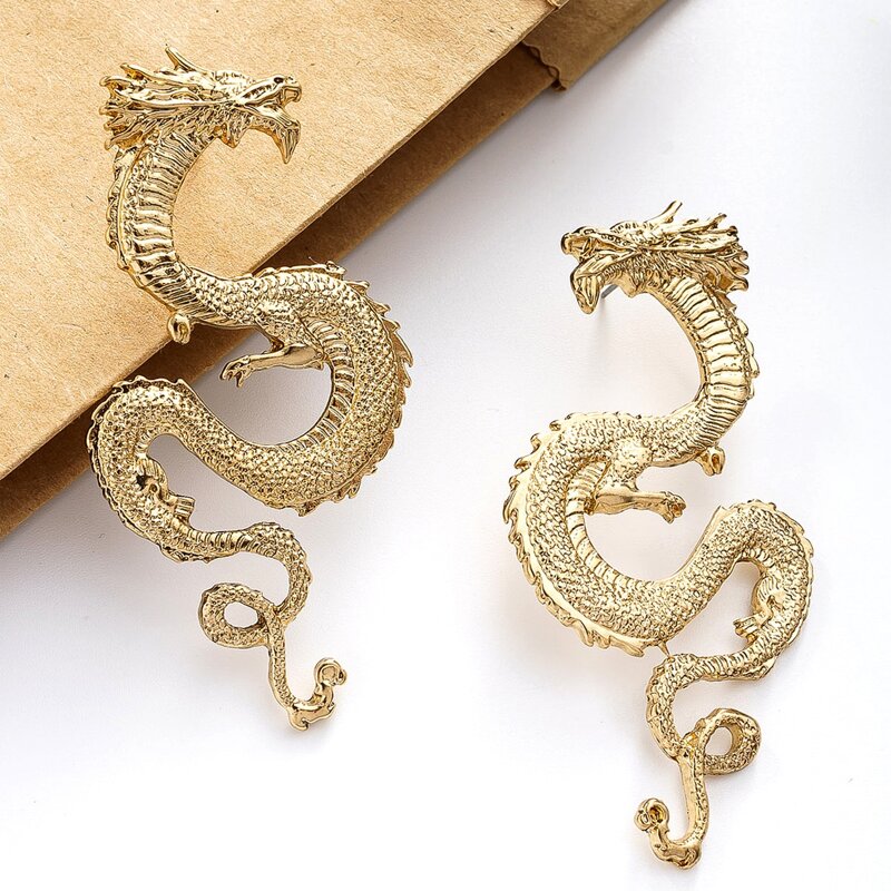 

Chinese Dragon Drop Earrings, Gold