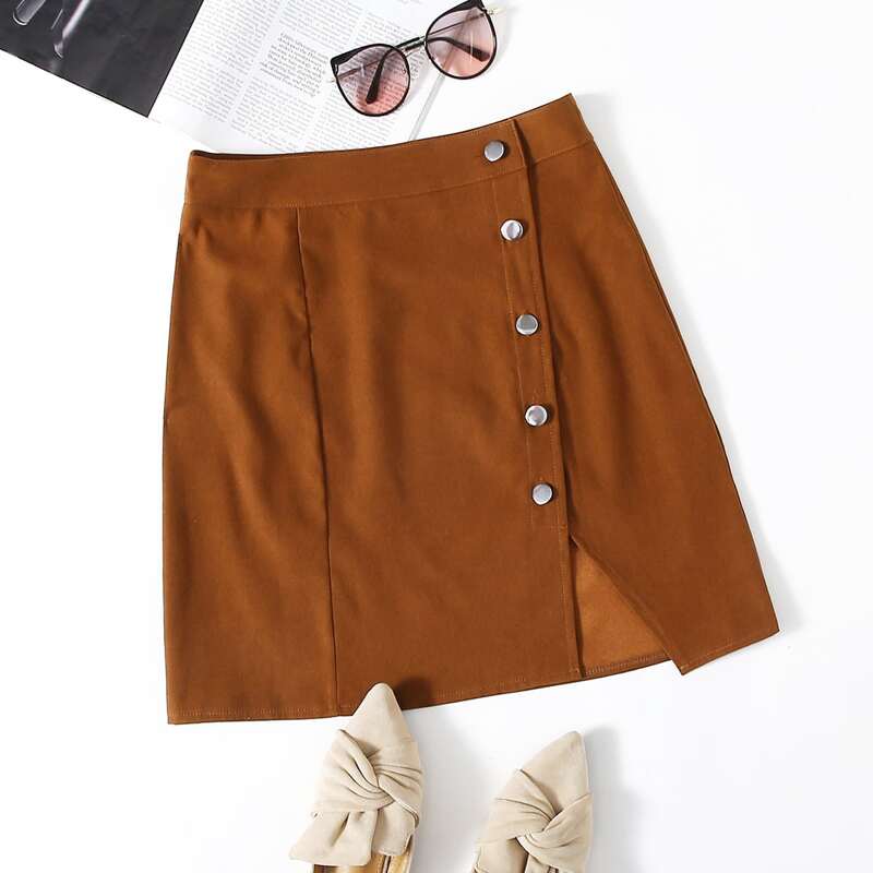

Button Front Split Hem Skirt, Brown