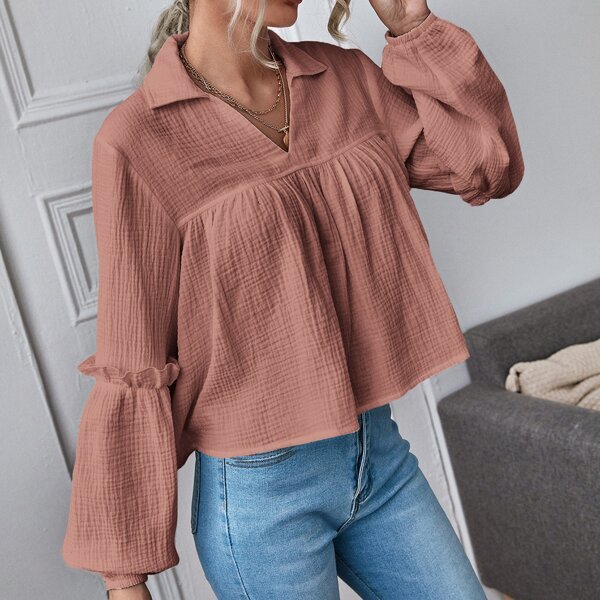 

Bishop Sleeve Frill Trim Babydoll Blouse, Dusty pink