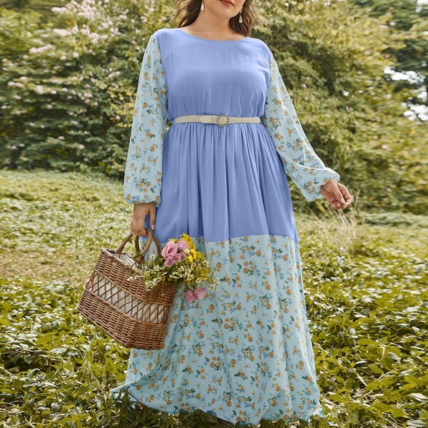 

Plus Floral Panel Bishop Sleeve Self Tie Dress Without Weave Belt, Blue