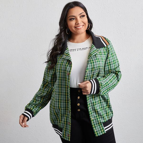 

Plus Press Buttoned Striped Collar and Hem Plaid Jacket, Multicolor