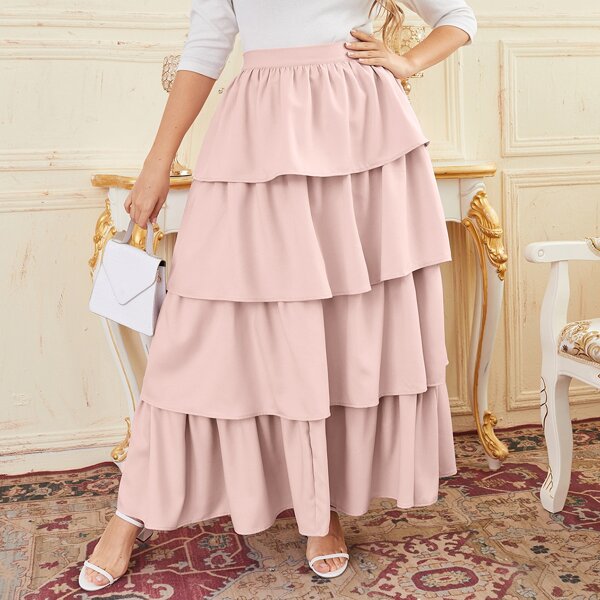 

Plus Solid Layered Skirt, Pastel baby pink