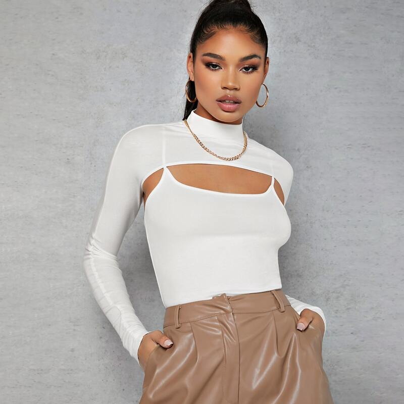 

Mock-Neck Super Crop Top With Cami, White