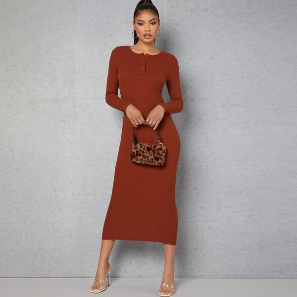 

Buttoned Half Placket Rib-knit Dress, Rust brown