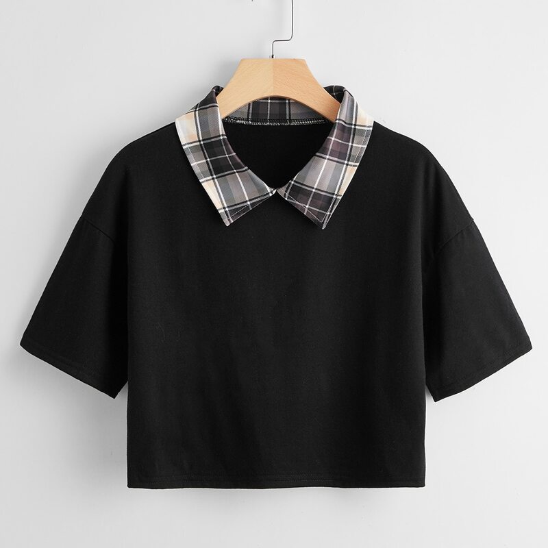

Plaid-Collar Boxy Tee, Black