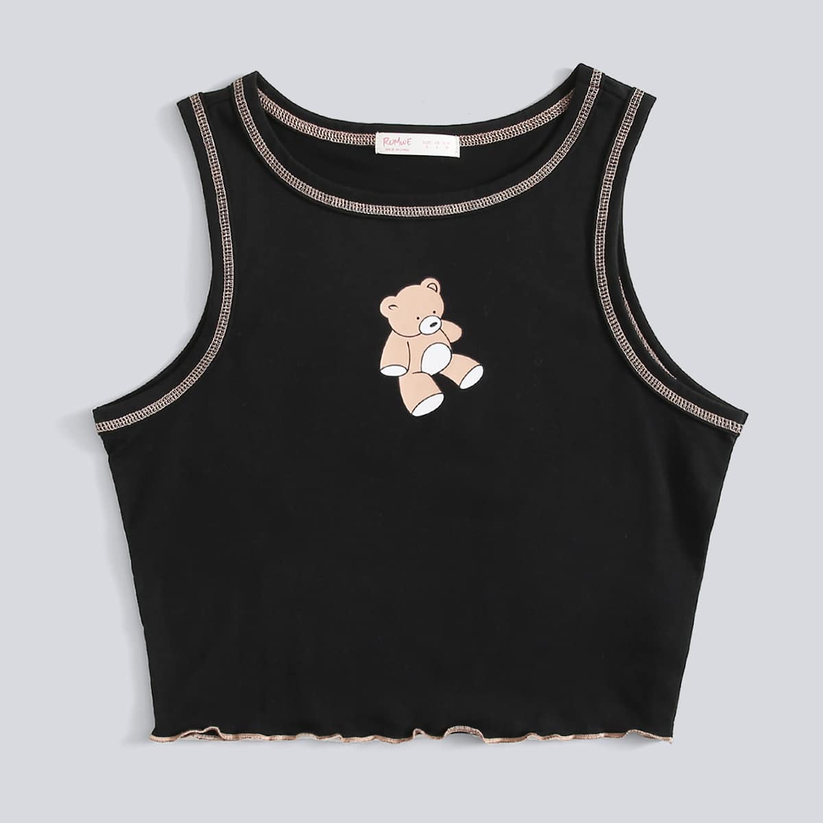 

Cartoon Bear Contrast Stitching Tank Top, Black