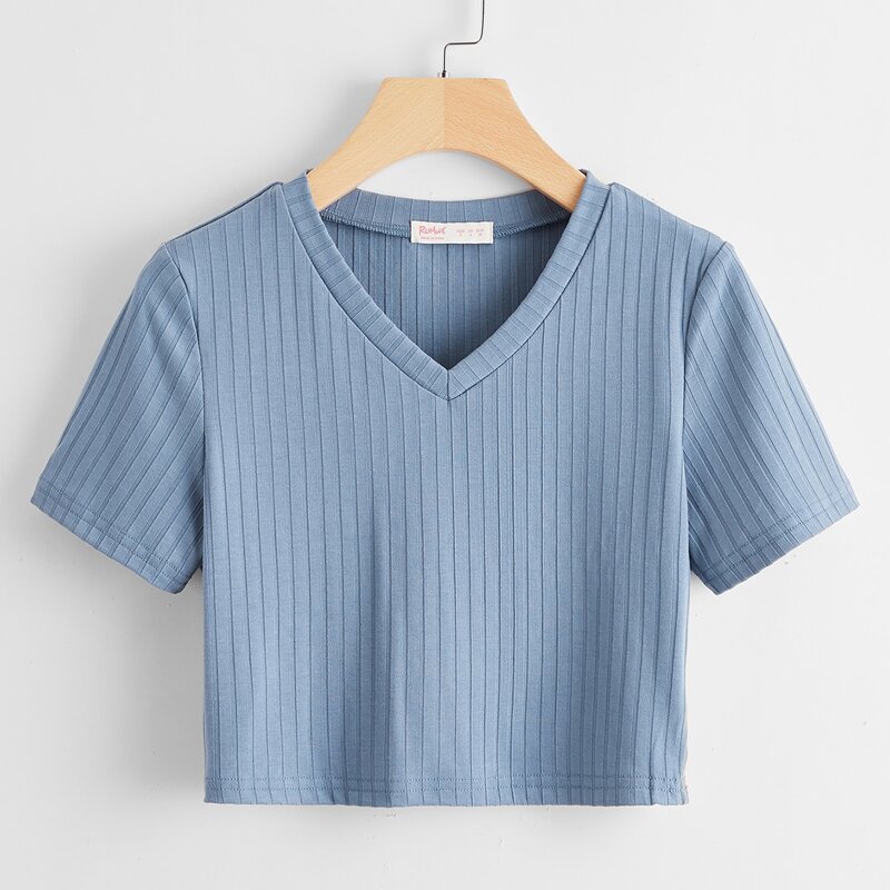 

V Neck Crop Ribbed Tee, Dusty blue