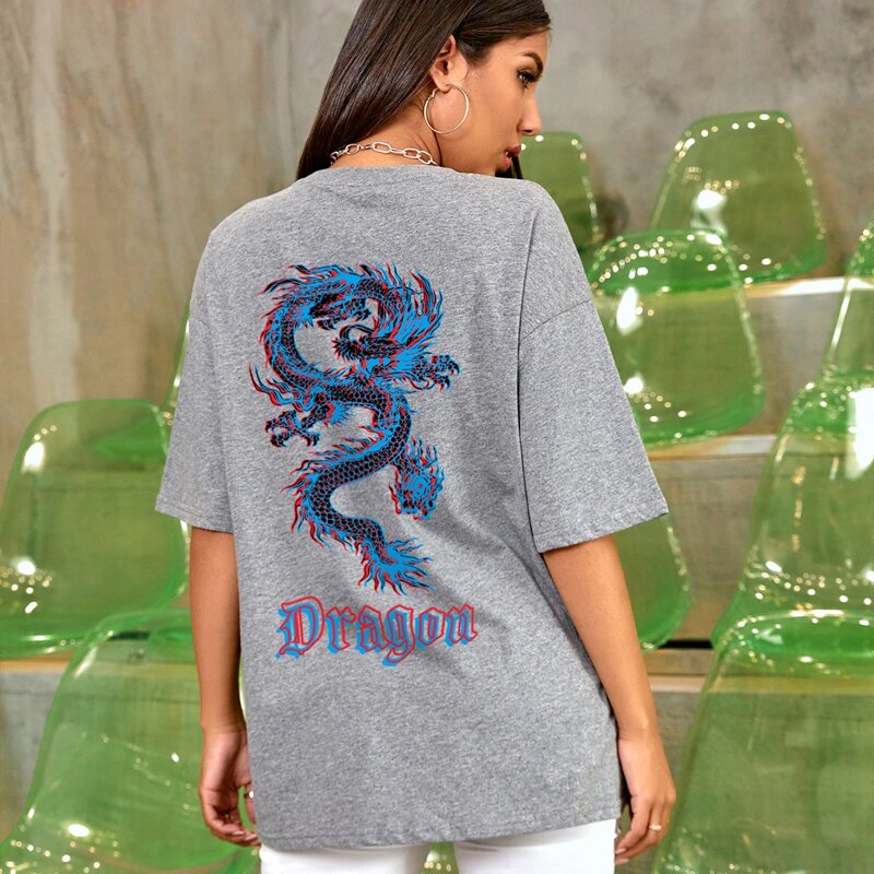 

Chinese Dragon And Letter Graphic Drop Shoulder Longline Tee, Grey