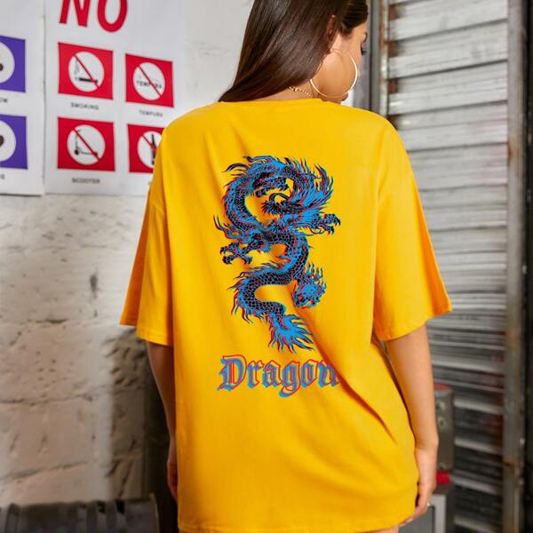 

Chinese Dragon And Letter Graphic Drop Shoulder Longline Tee, Yellow