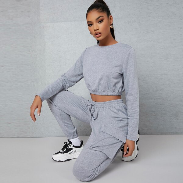 

Crop Pullover & Flap Pocket Patched Pants Set, Light grey