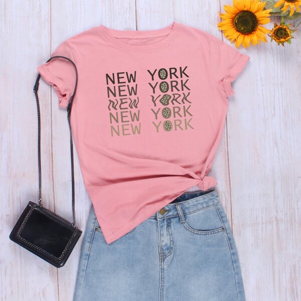 

Letter And Leopard Print Tee, Pink