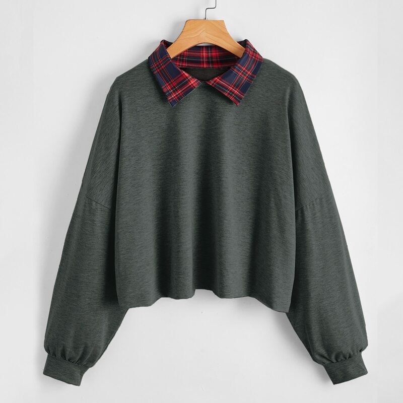

Contrast Tartan-Collar Oversized Tee, Dark grey