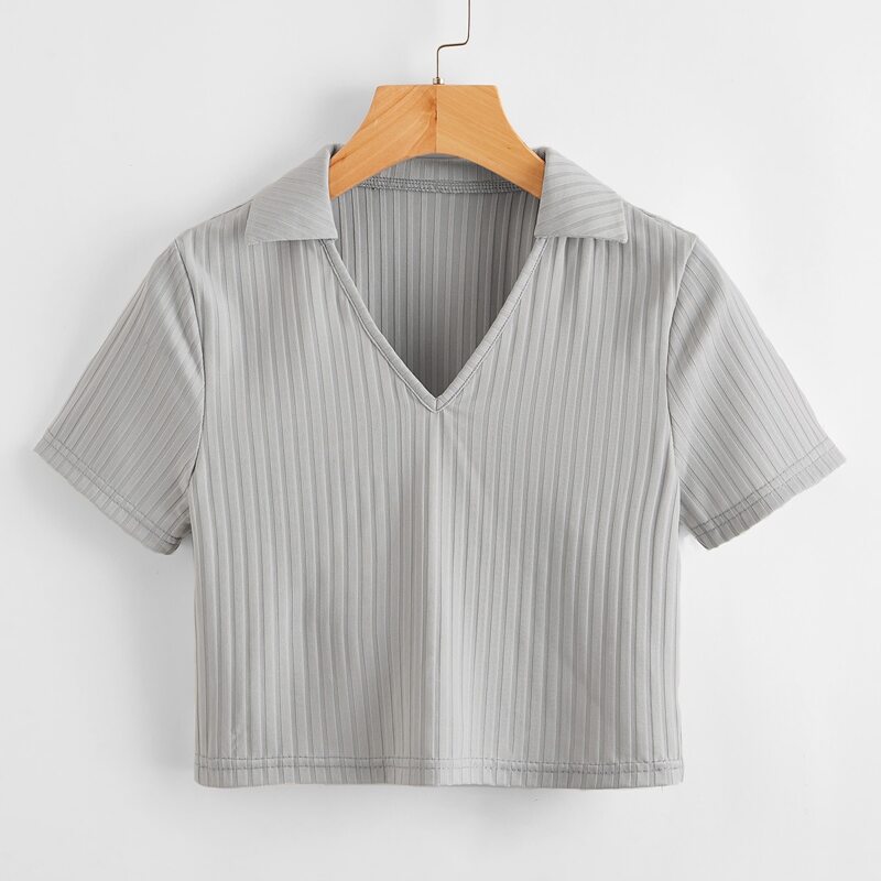 

Solid Ribbed Collar Crop Tee, Light grey