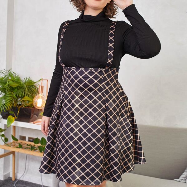 

Plus Plaid Print High Waist Overall Dress, Multicolor