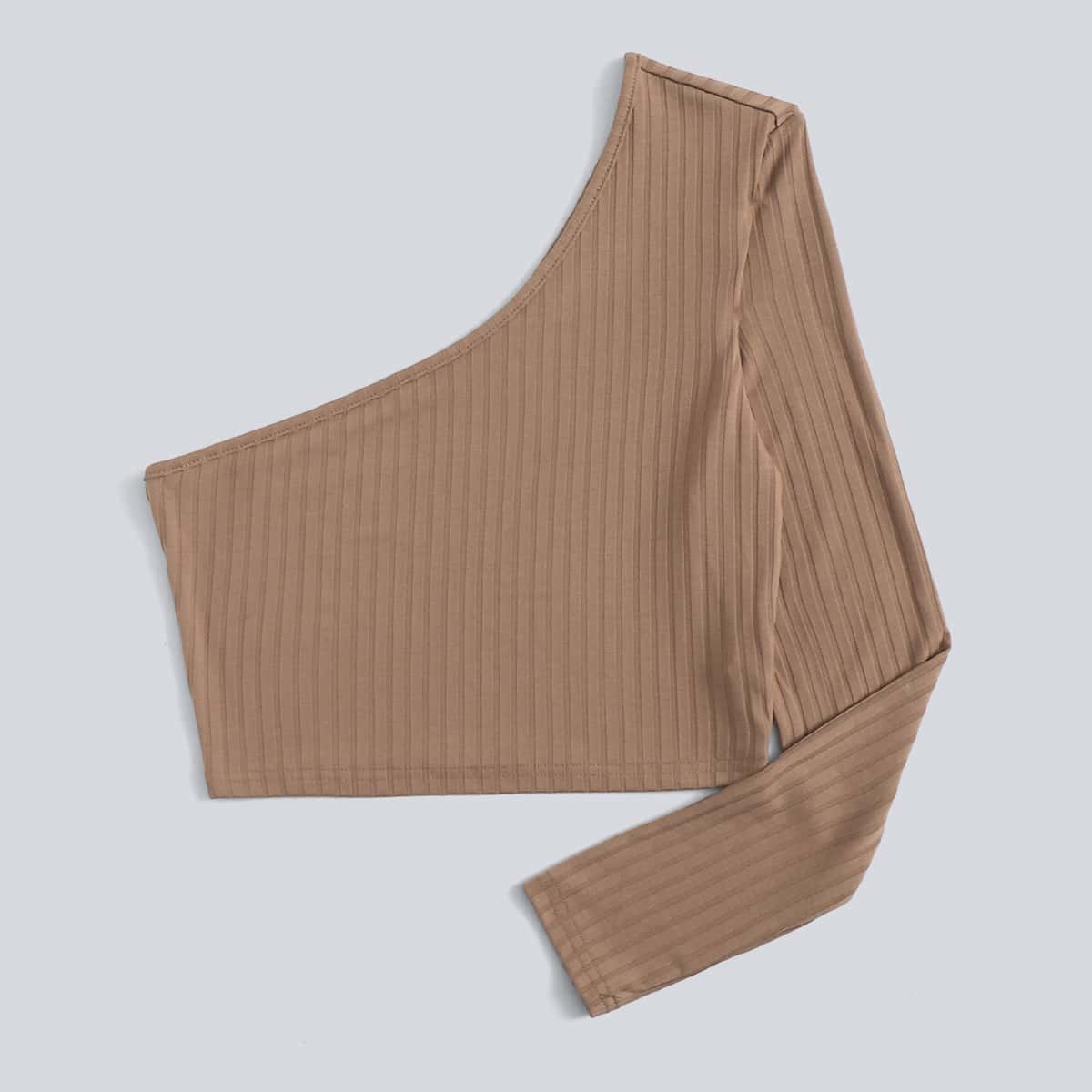 

One Shoulder Ribbed Crop Top, Mocha brown