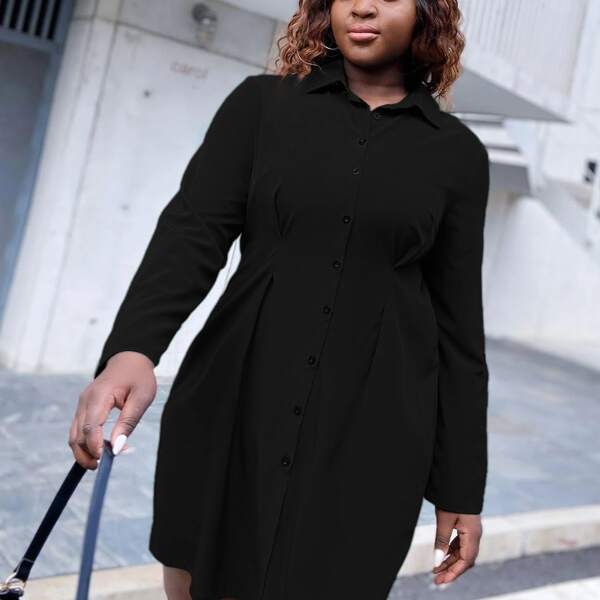 

Plus Solid Button Front Shirt Dress, Black