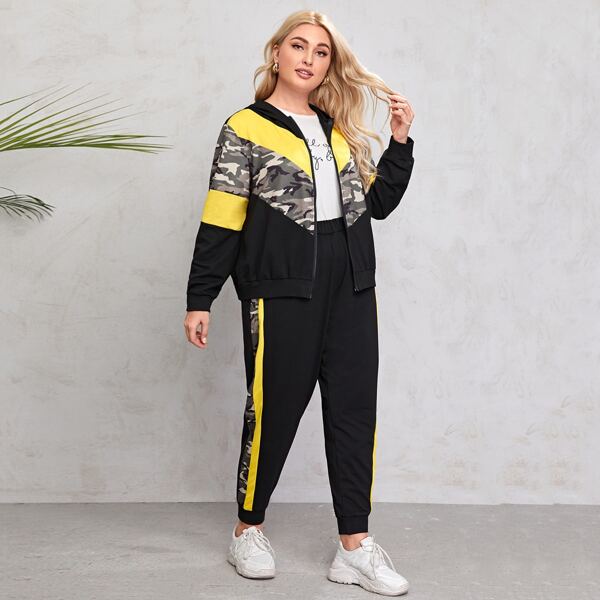 

Plus Camo Colorblock Zip Up Hoodie & Sweatpants, Multicolor