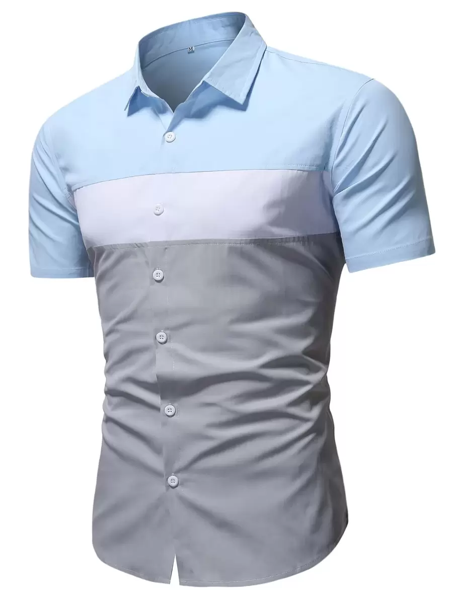 Manfinity Homme Men Cut And Sew Panel Short Sleeve Button Up Color Block Golf Casual Shirt, Boyfriend Gift - Multicolor - View 1