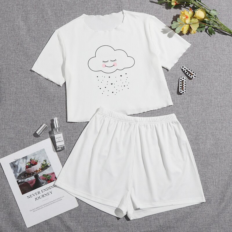 

Cartoon And Heart Print Pajama Set, White